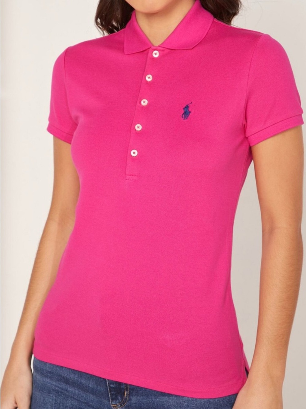 Ralph Lauren Women Fuchsia Polo Slim with Navy Pony Cotton Size L